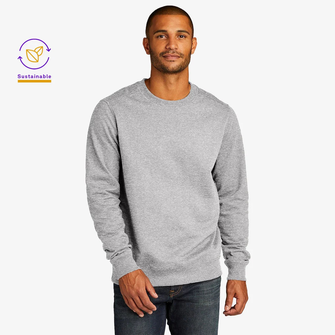 Man wearing District Men's Recycled Re-Fleece Crew Sweatshirt in Light Heather Grey Front - DT8104