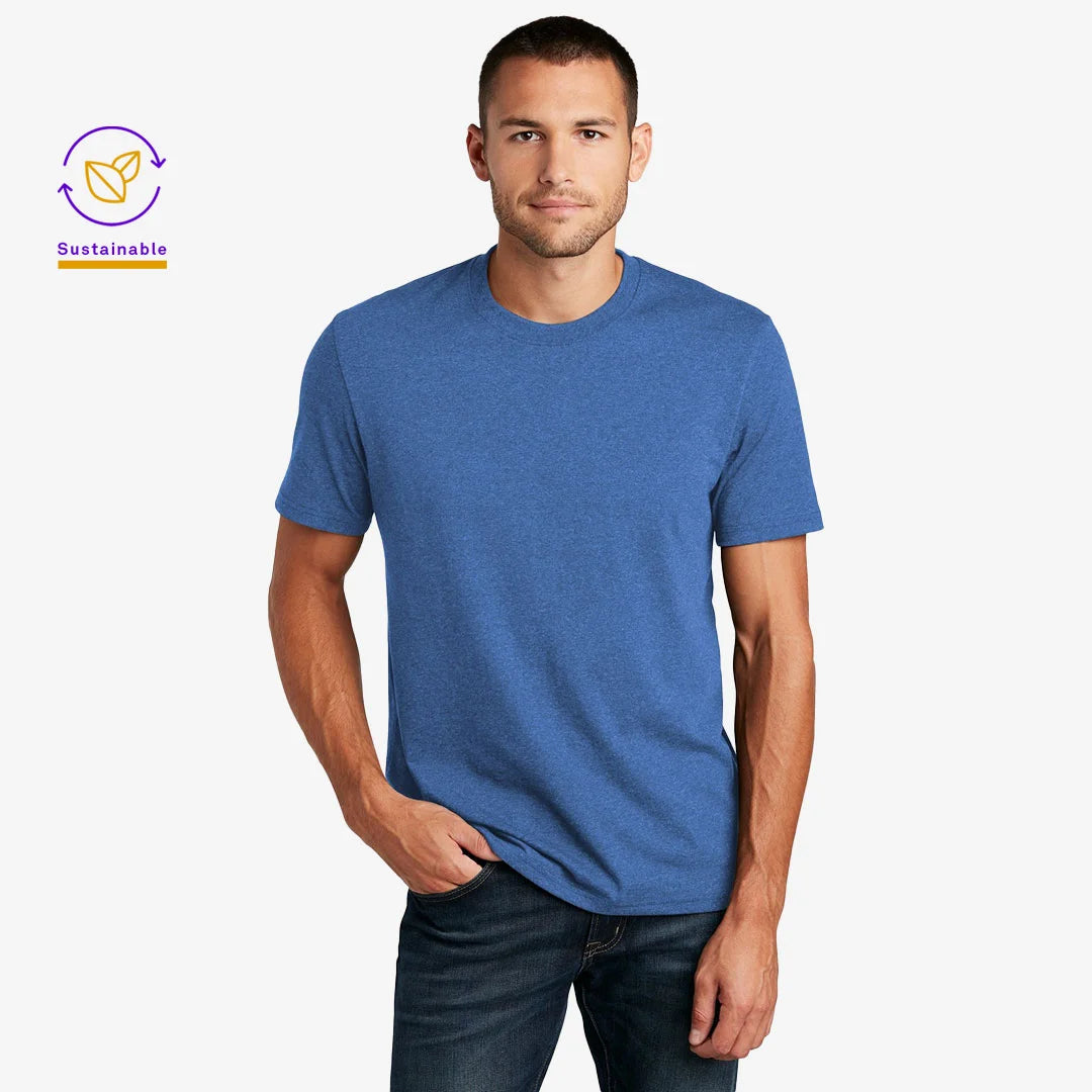 Man wearing District Men's Recycled Re-Tee Shirt in Blue Heather - DT8000