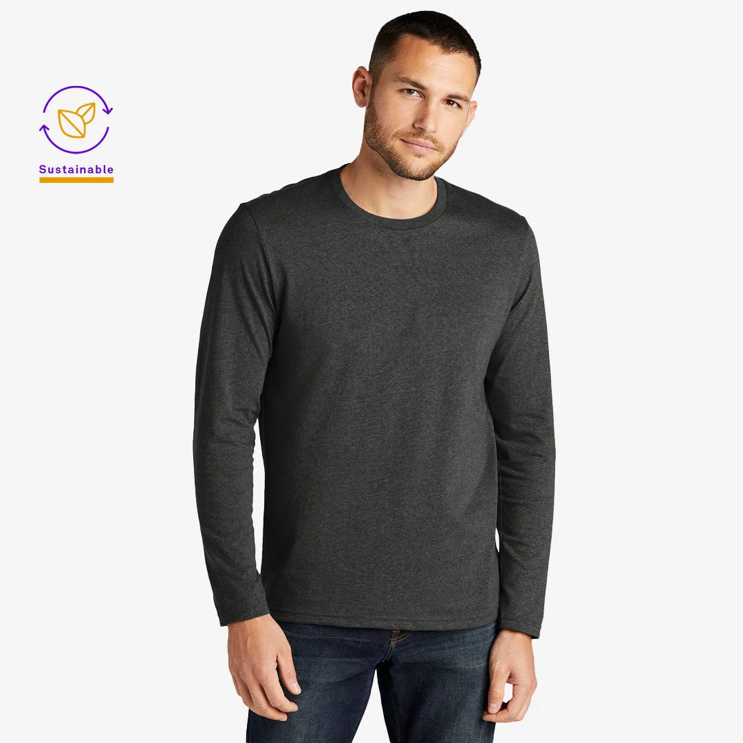 Man wearing District Men's Recycled Re-Tee Long Sleeve  in Charcoal Heather Front - DT8003