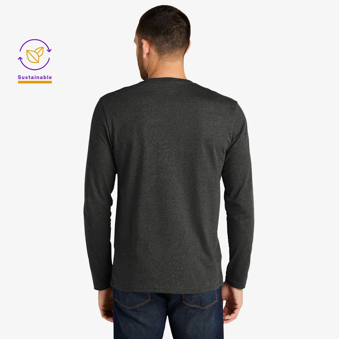 Man wearing District Men's Recycled Re-Tee Long Sleeve  in Charcoal Heather Back - DT8003