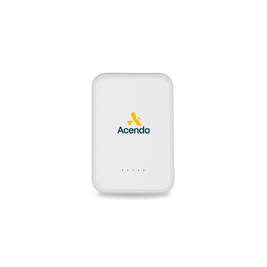 Acenda Nottage Magnetic 5000 mAh Power Bank Front in White - Acenda-WHT-7890
