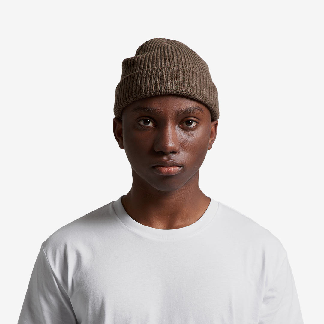 Man wearing AS Colour Cable Beanie in Walnut Front- 1120