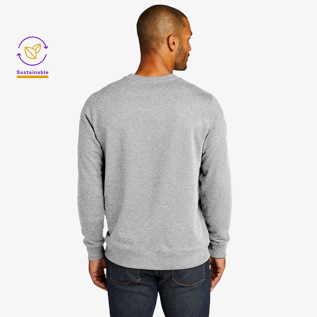 Man wearing District Men's Recycled Re-Fleece Crew Sweatshirt in Light Heather Grey Back - DT8104
