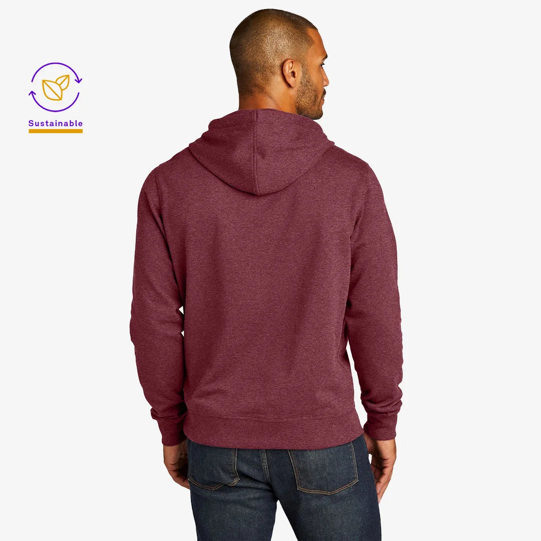 Man wearing District Men's Recycled Re-Fleece Hoodie in Maroon Heather Back - DT8100