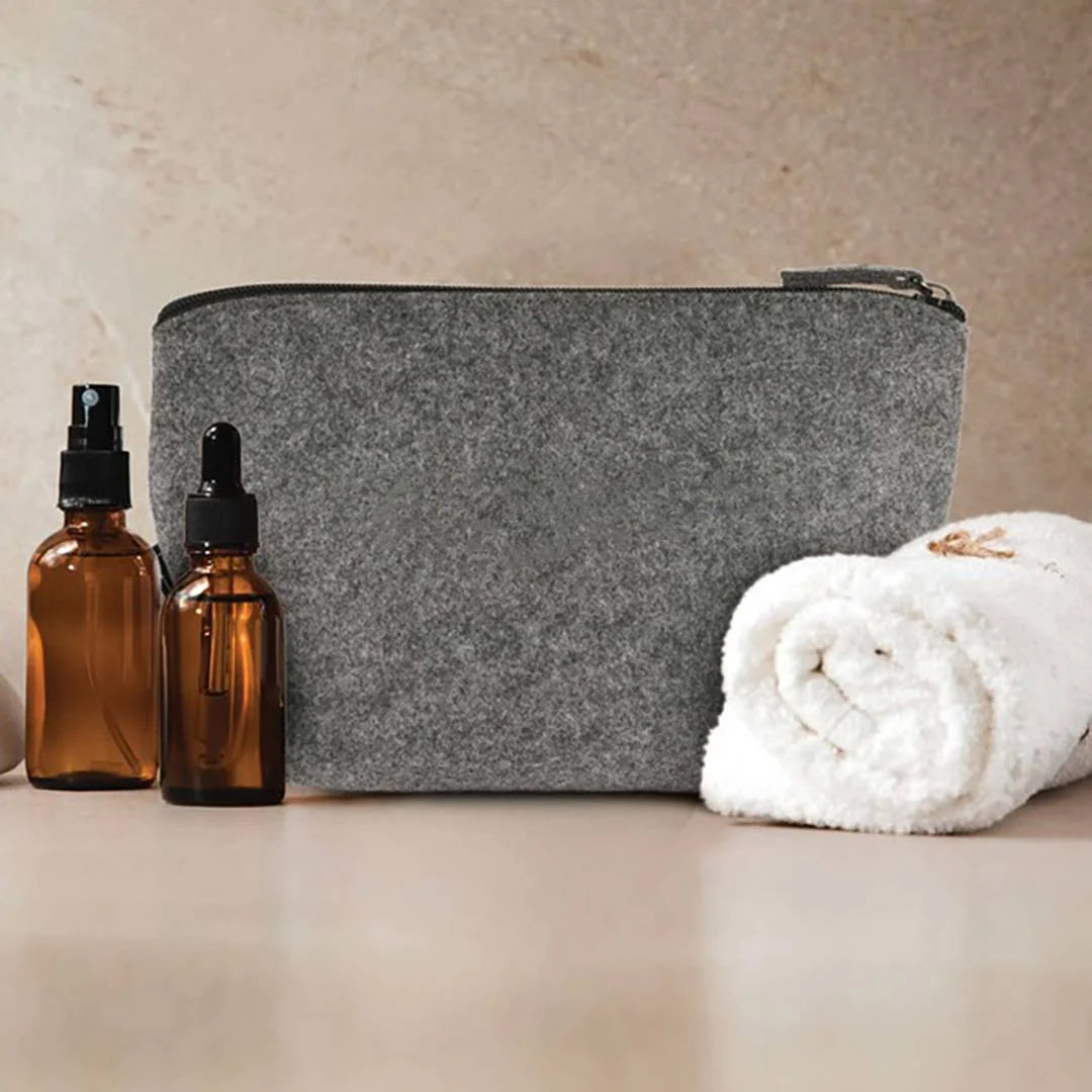 Lifestyle Photo of Logo Line Montana RPET Felt Cosmetic Bag in Grey - LL7031