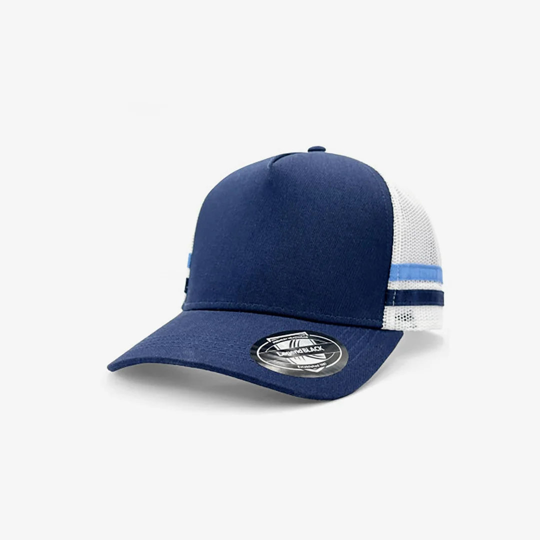 Legend Life Striped Trucker Cap in Navy/White/Sky Blue/Navy - 7050