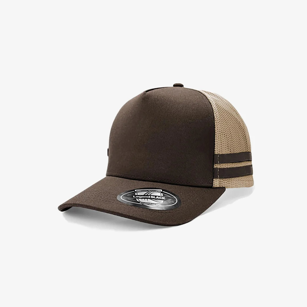Legend Life Striped Trucker Cap in Brown/Khaki/Brown/Brown - 7050