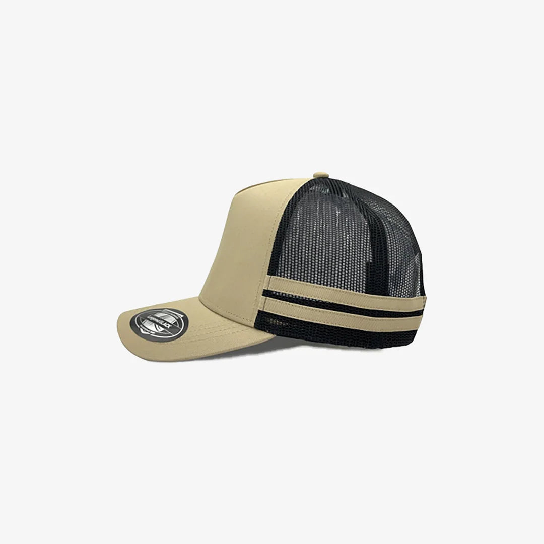 Legend Life Striped Trucker Cap in Khaki/Black/Khaki/Khaki Left Side View  - 7050