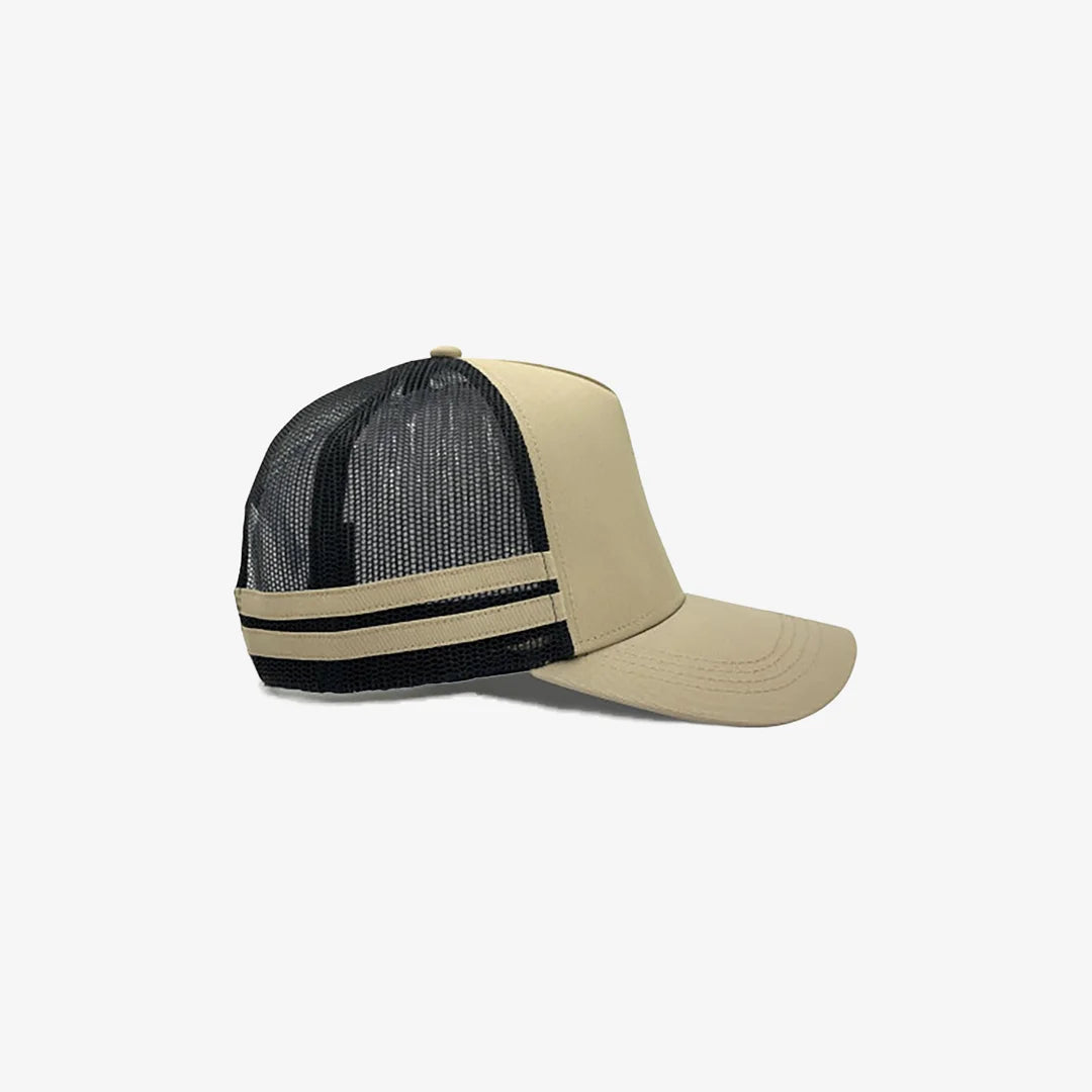 Legend Life Striped Trucker Cap in Khaki/Black/Khaki/Khaki Right Side View- 7050