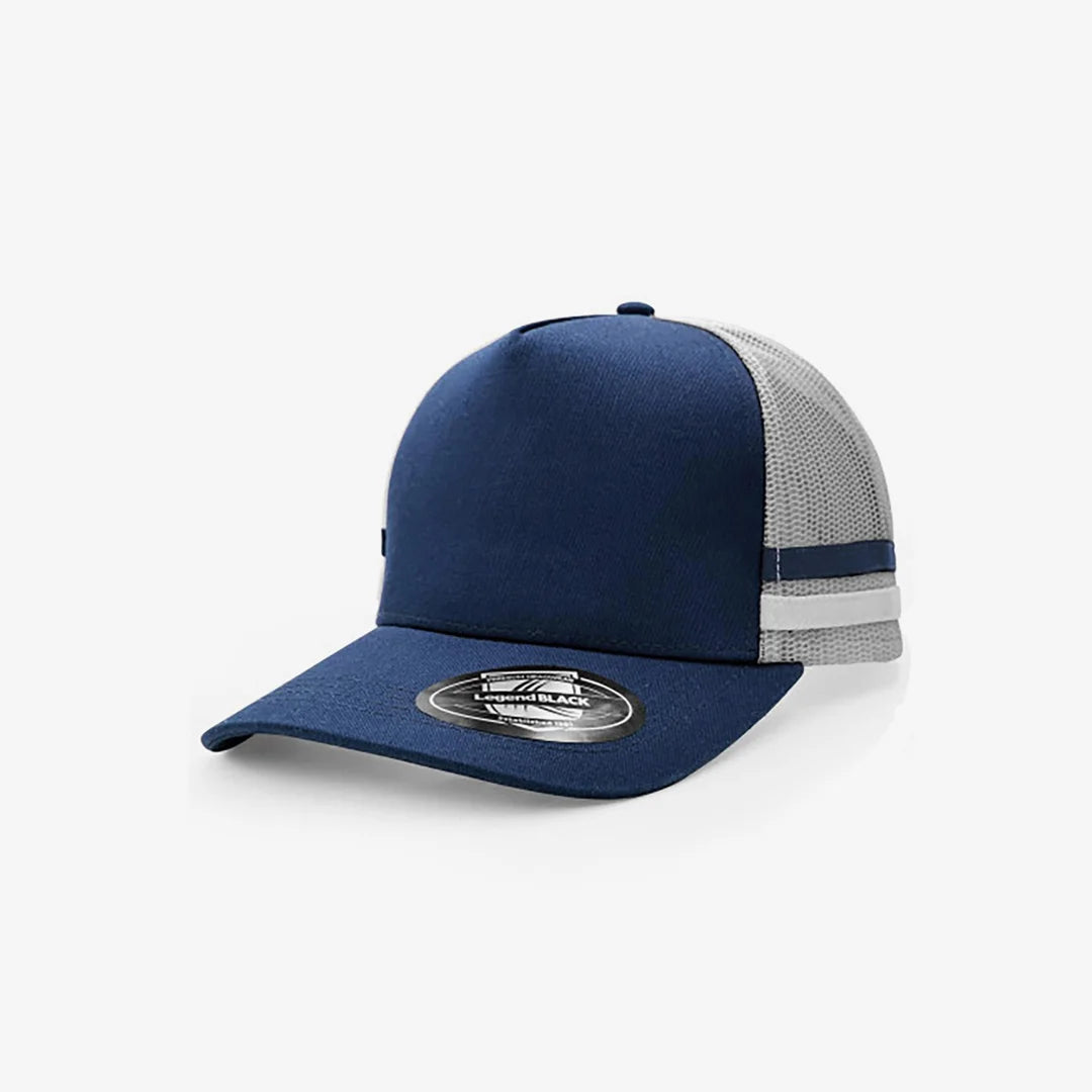 Legend Life Striped Trucker Cap in Navy/Silver/Navy/White - 7050