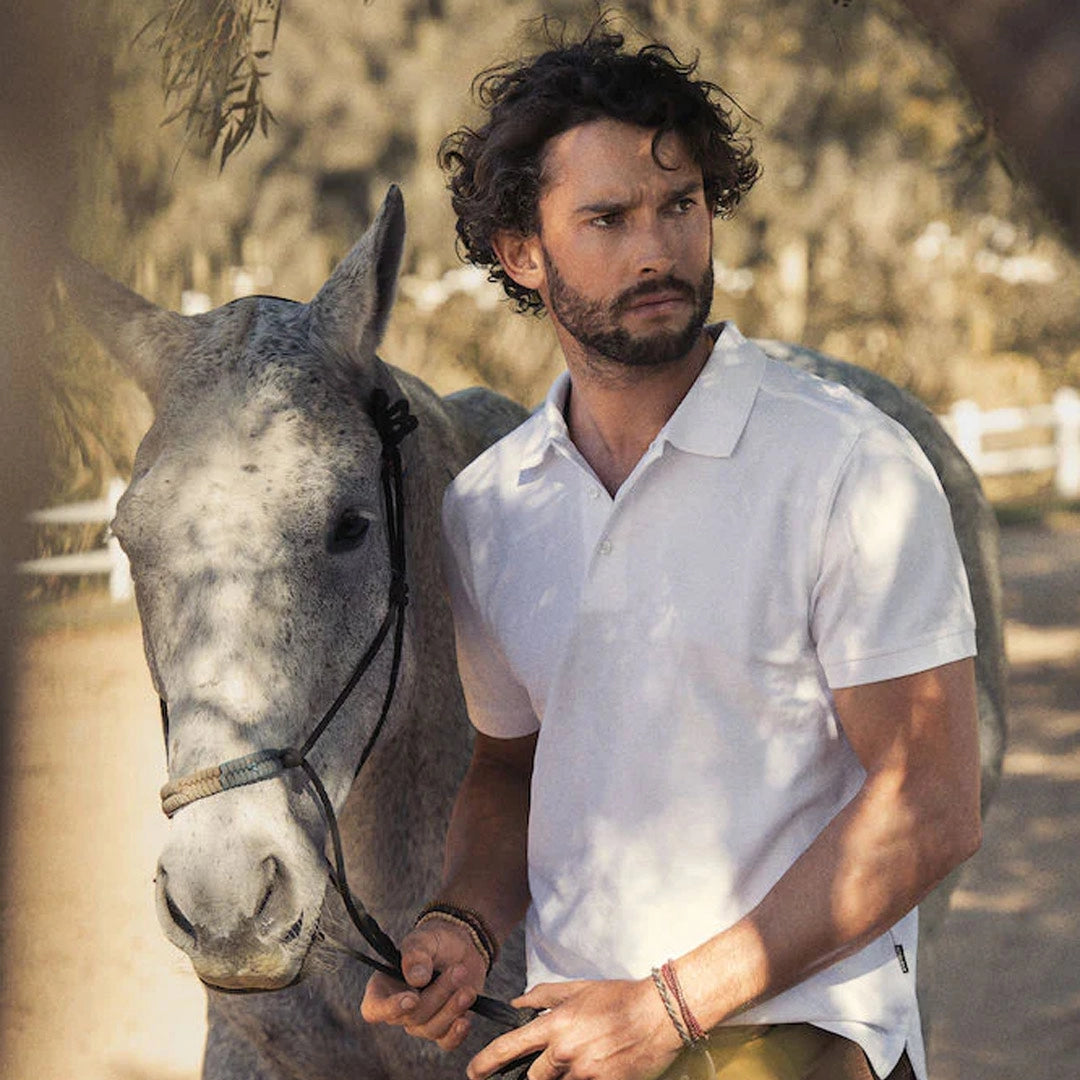 Lifestyle Photo of James Harvest Sunset Regular Men's Polo in White - JH201