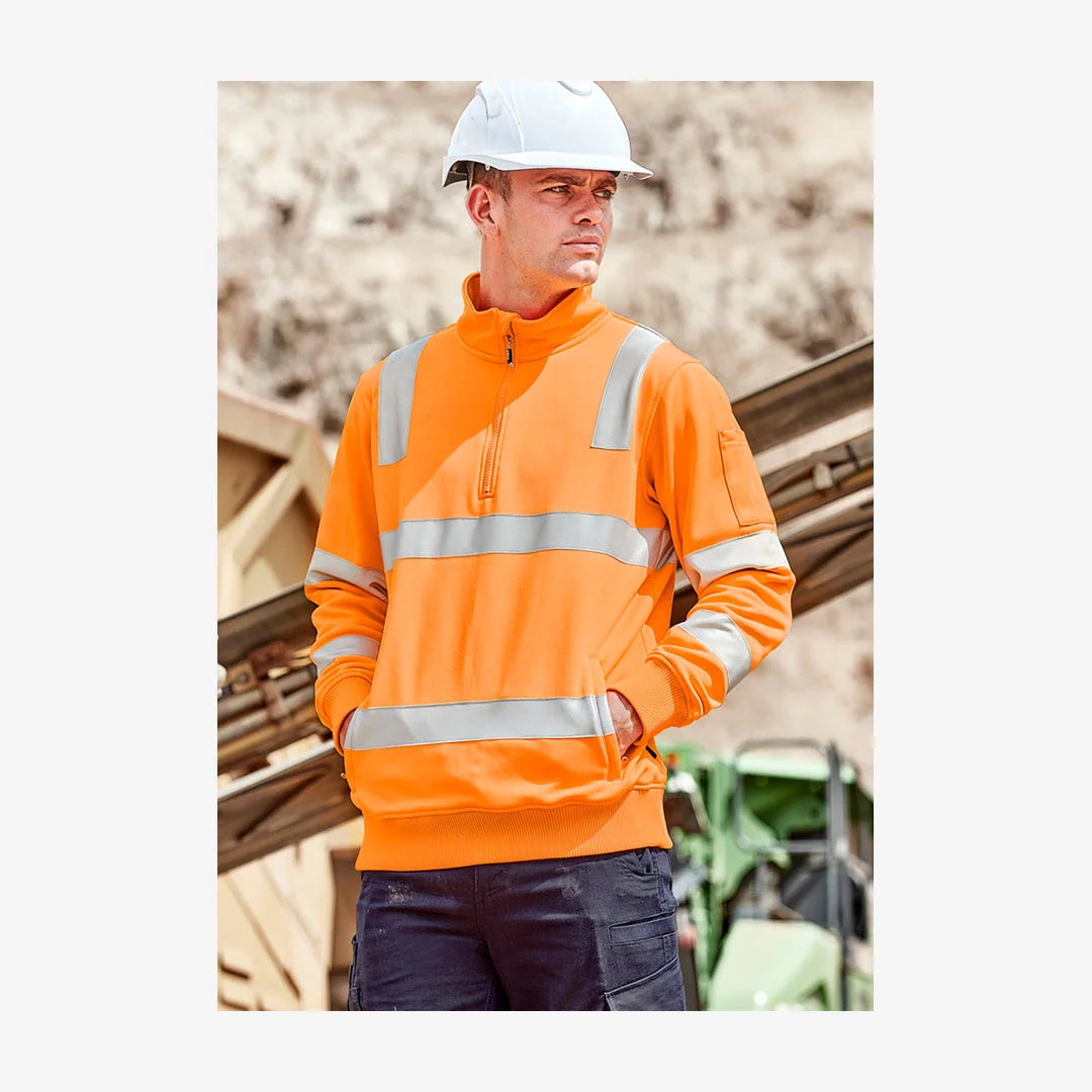 Man wearing Syzmik Unisex HiVis VIC Rail 1/4 Zip Pullover in Orange ZT640 | Mercha