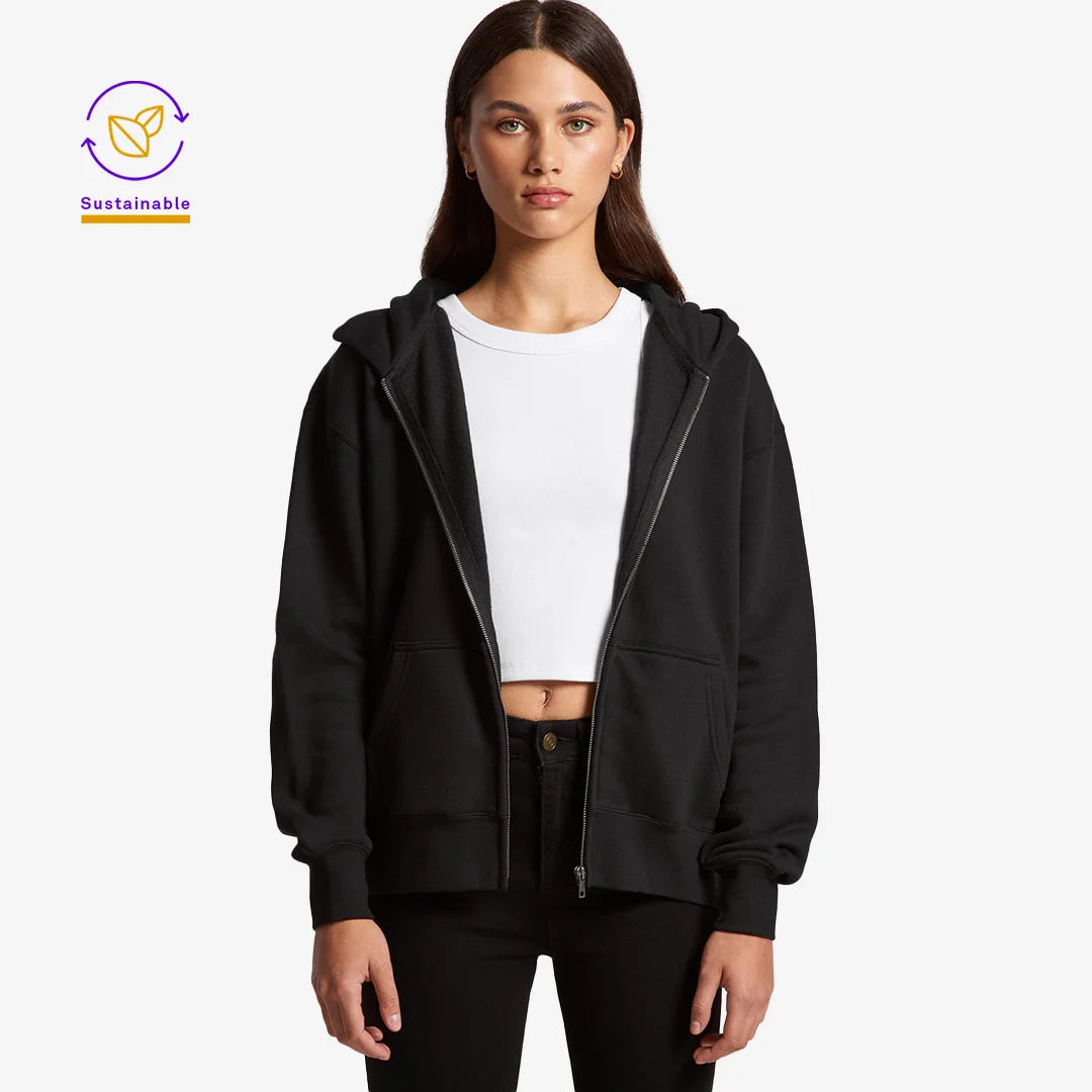 Woman wearing AS Colour Women's Relax Zip Hoodie in Black Front Open - 4162