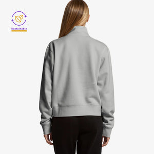 Woman wearing AS Colour Women’s Stencil Half Zip Fleece Pullover in Grey Marle Back Angle - 4125