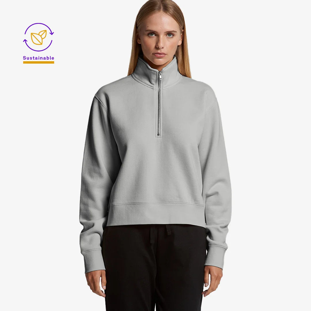 Woman wearing AS Colour Women’s Stencil Half Zip Fleece Pullover in Grey Marle Front Angle - 4125