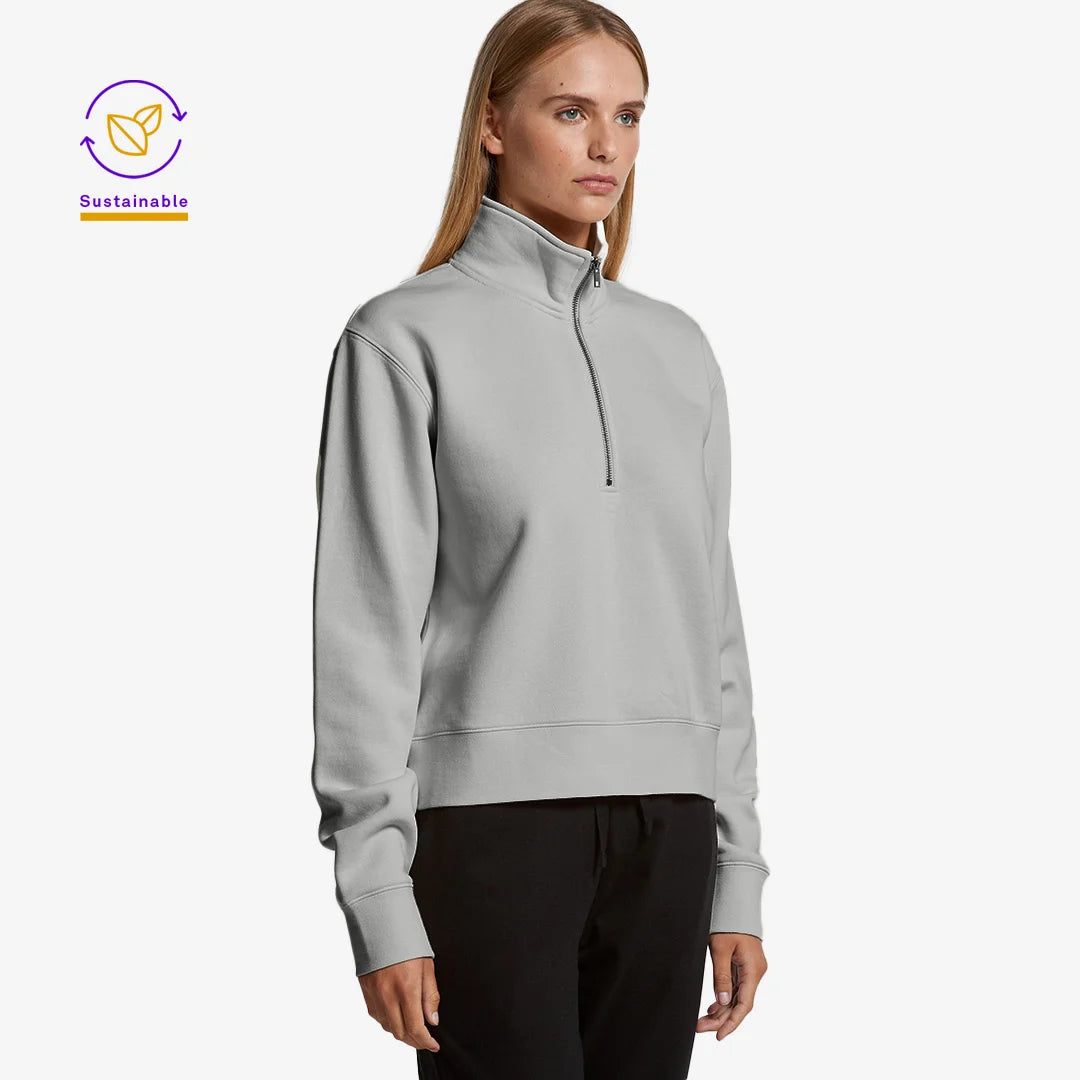 Woman wearing AS Colour Women’s Stencil Half Zip Fleece Pullover in Grey Marle Front Side Angle - 4125