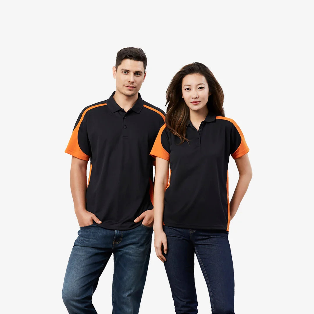 Lifestyle Photo of Biz Collection Women's Talon Short Sleeve Polo in Black/Orange - P401LS