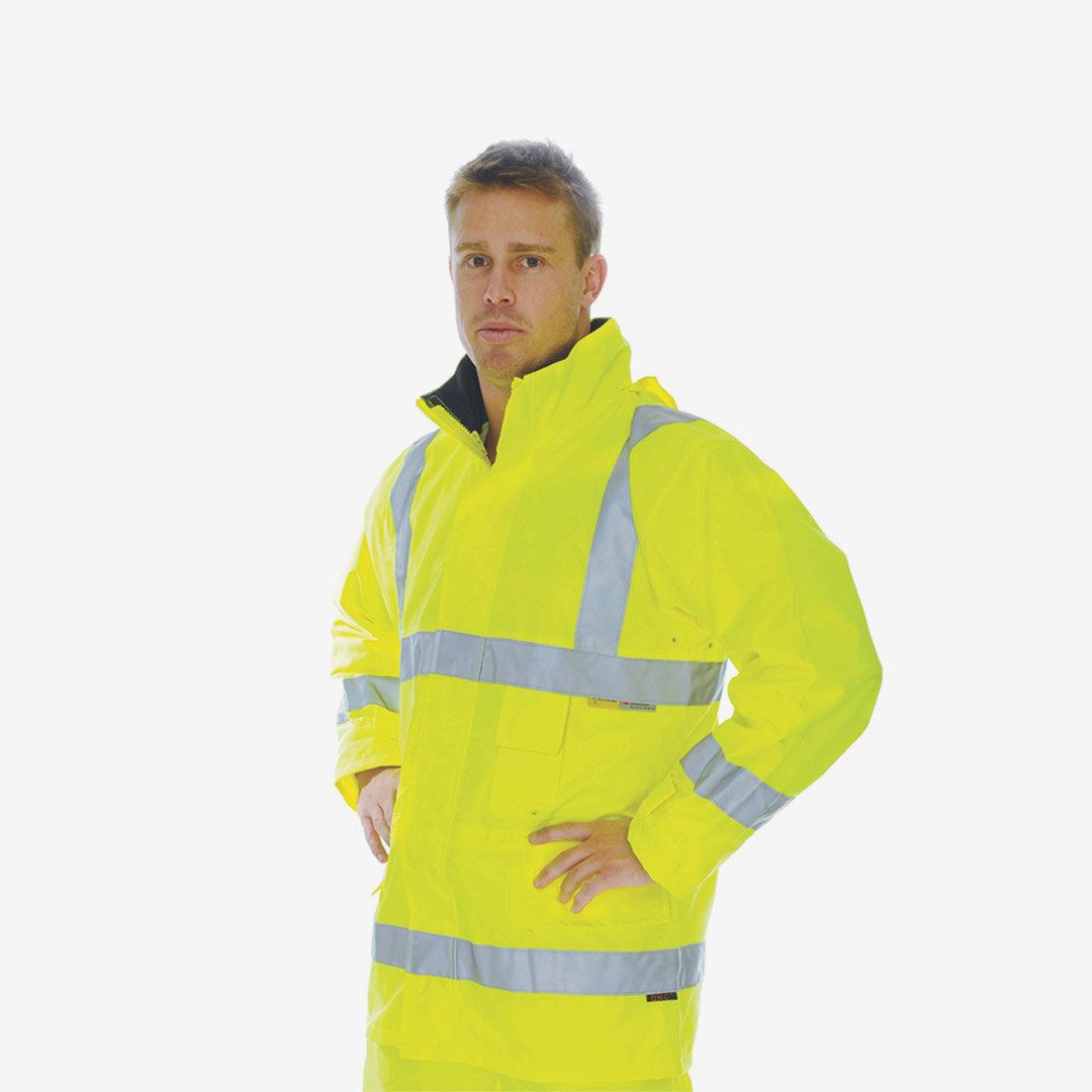 Man wearing DNC Men's Day & Night Rain Jacket with 3M R/Tape in Yellow Front - 3781