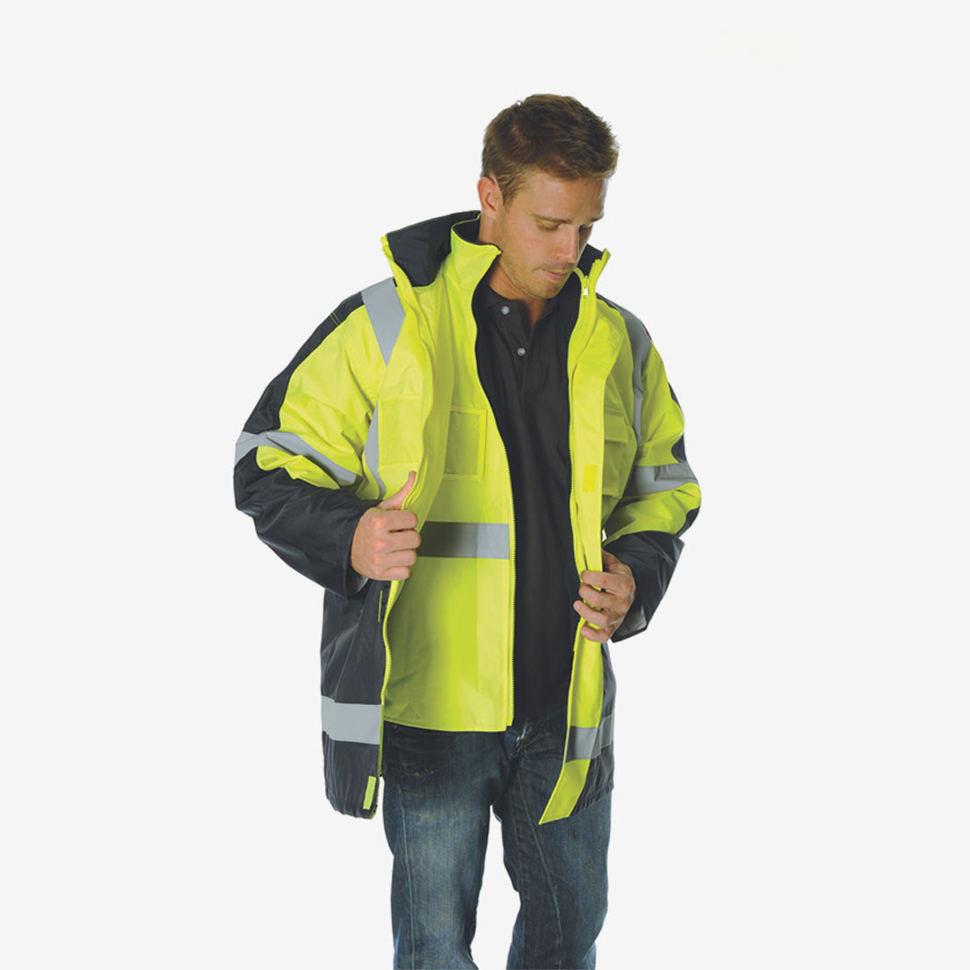 Man wearing DNC Men's HiVis Two Tone 6 in 1 Contrast Work Jacket in Yellow/Navy Front - 3998