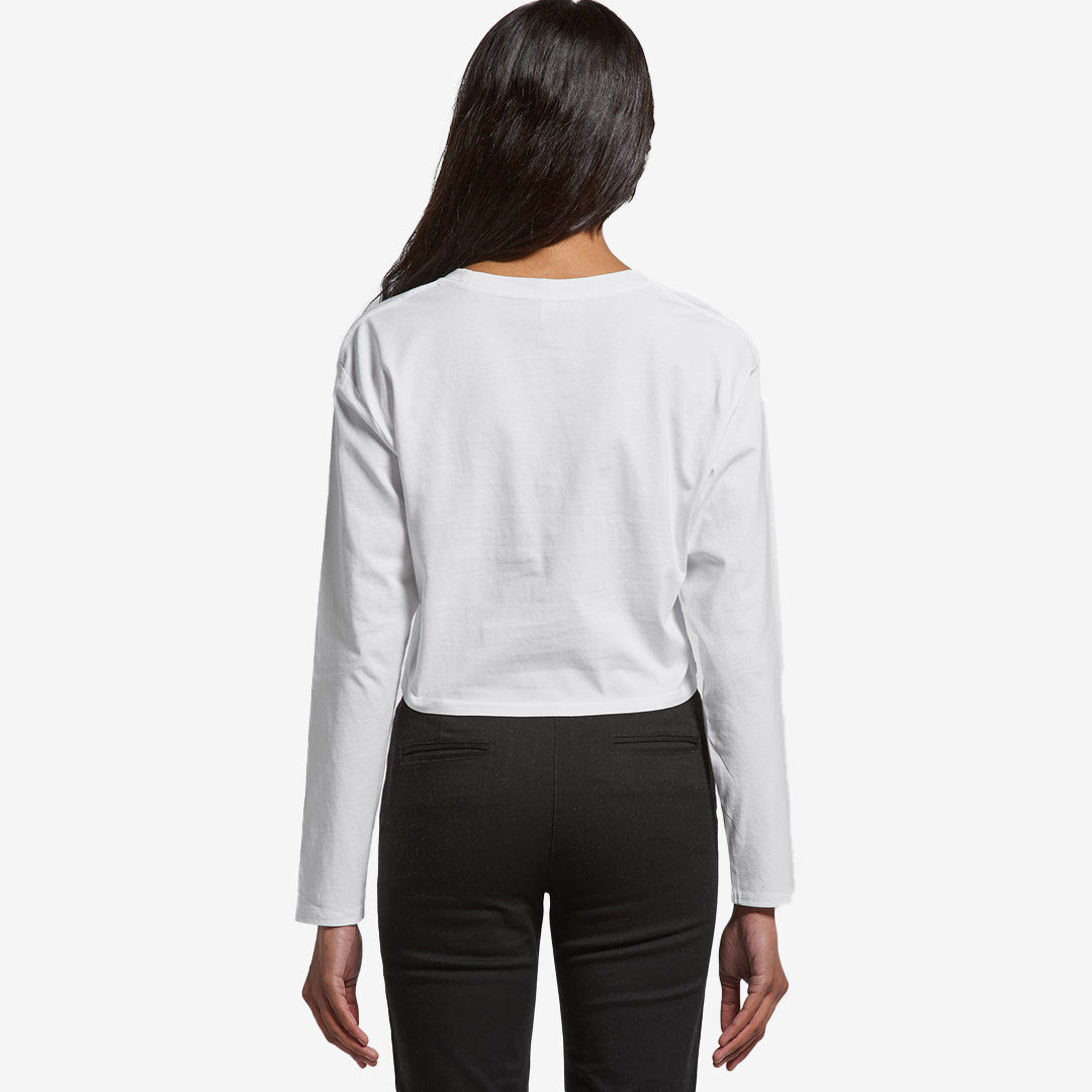 Woman wearing AS Colour Women's Crop Long Sleeve Tee in White Back - 4058