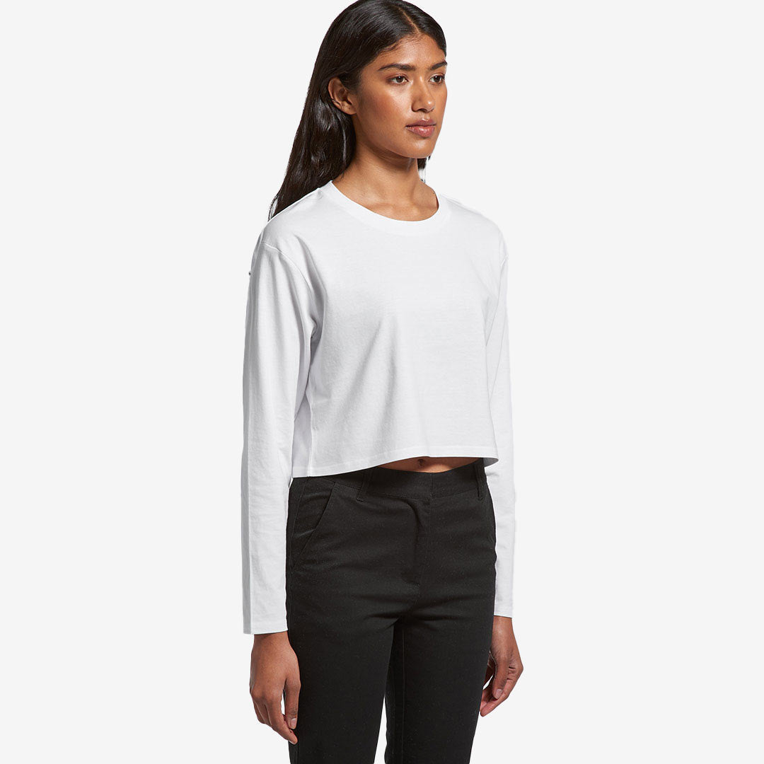 Woman wearing AS Colour Women's Crop Long Sleeve Tee in White Right Side - 4058