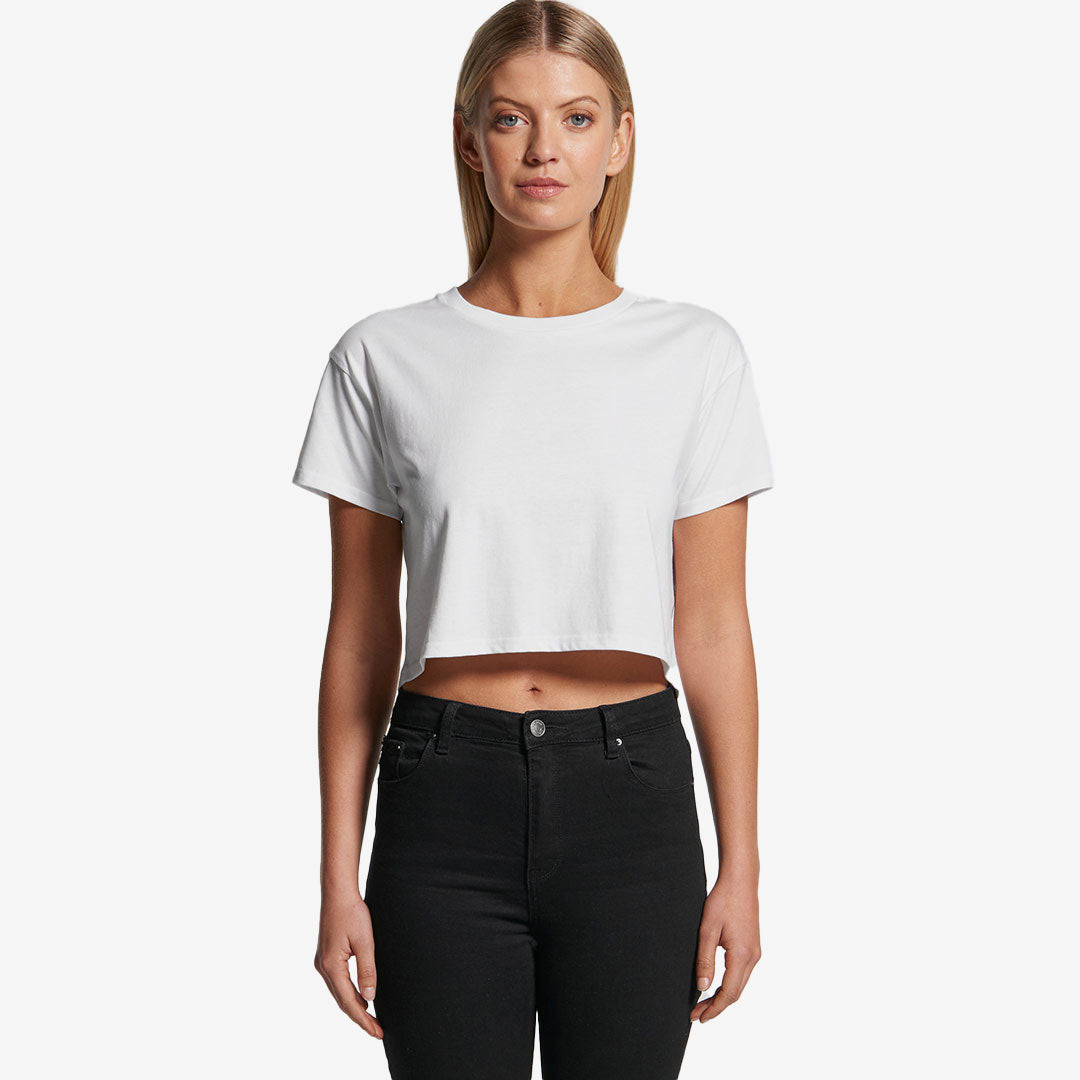 Woman wearing AS Colour Women's Crop Tee in White Front - 4062
