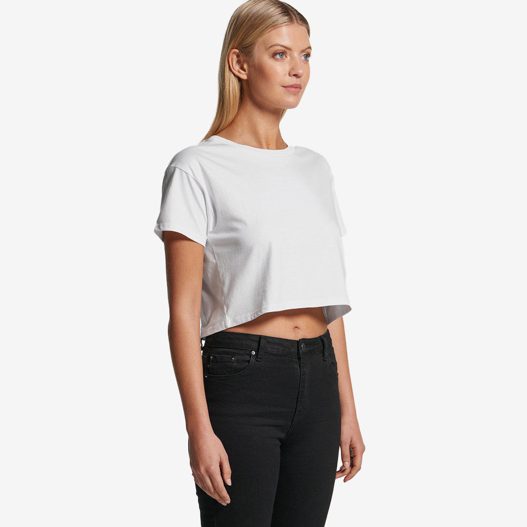 Woman wearing AS Colour Women's Crop Tee in White Right Side - 4062