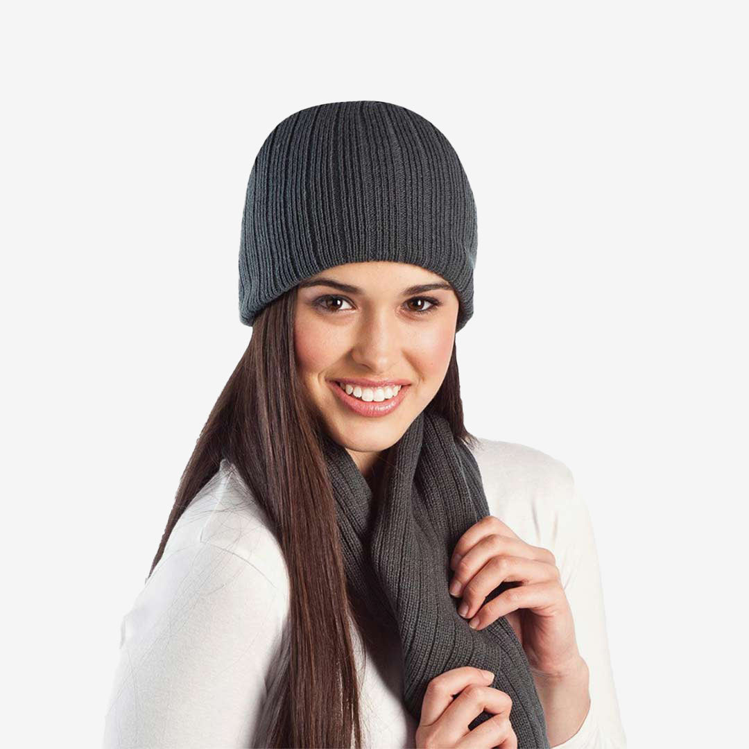 Woman wearing Legend Life Cable Knit Beanie in Charcoal - 4235