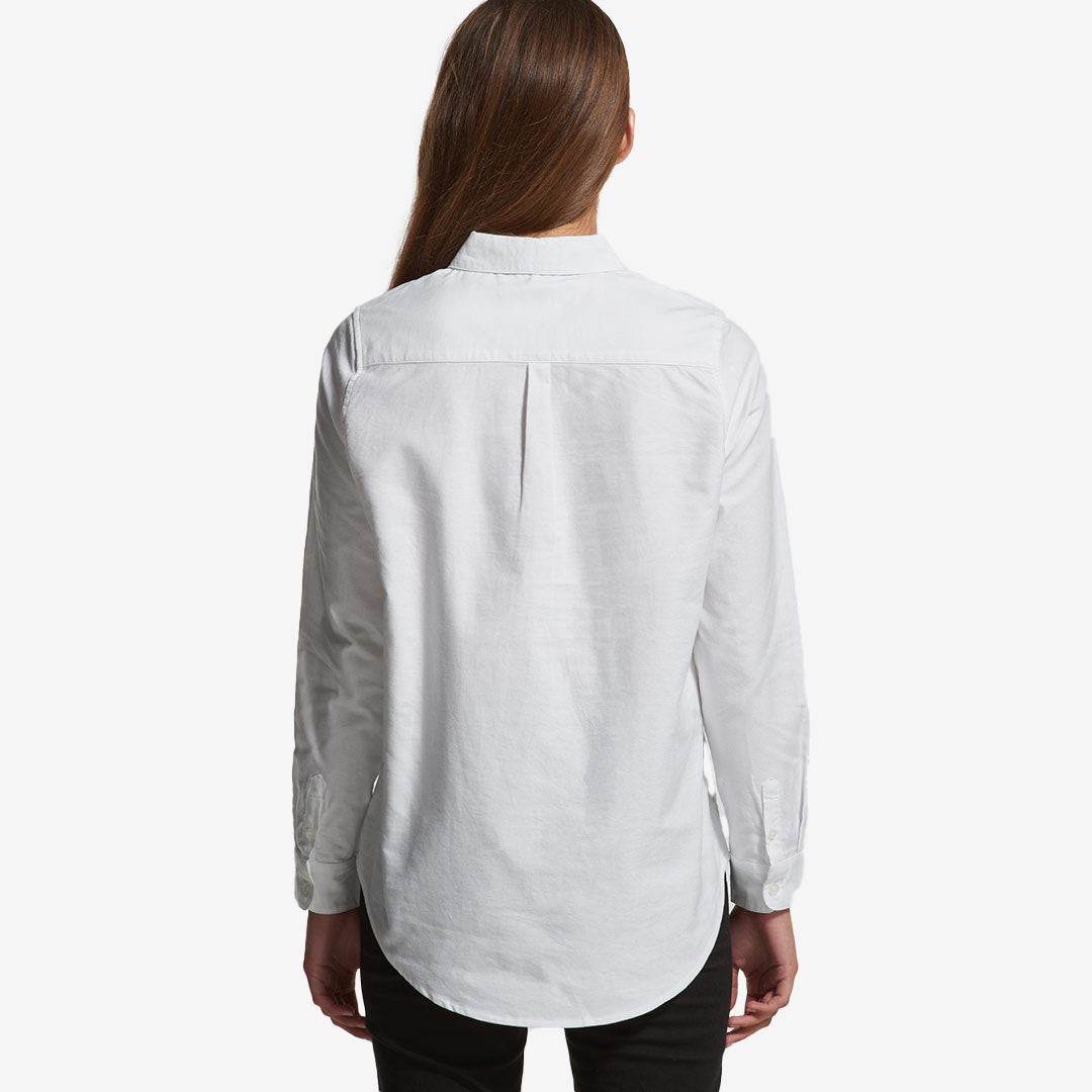 Woman wearing AS Colour Women's Oxford Casual Long Sleeve Shirt in White Back - 4401