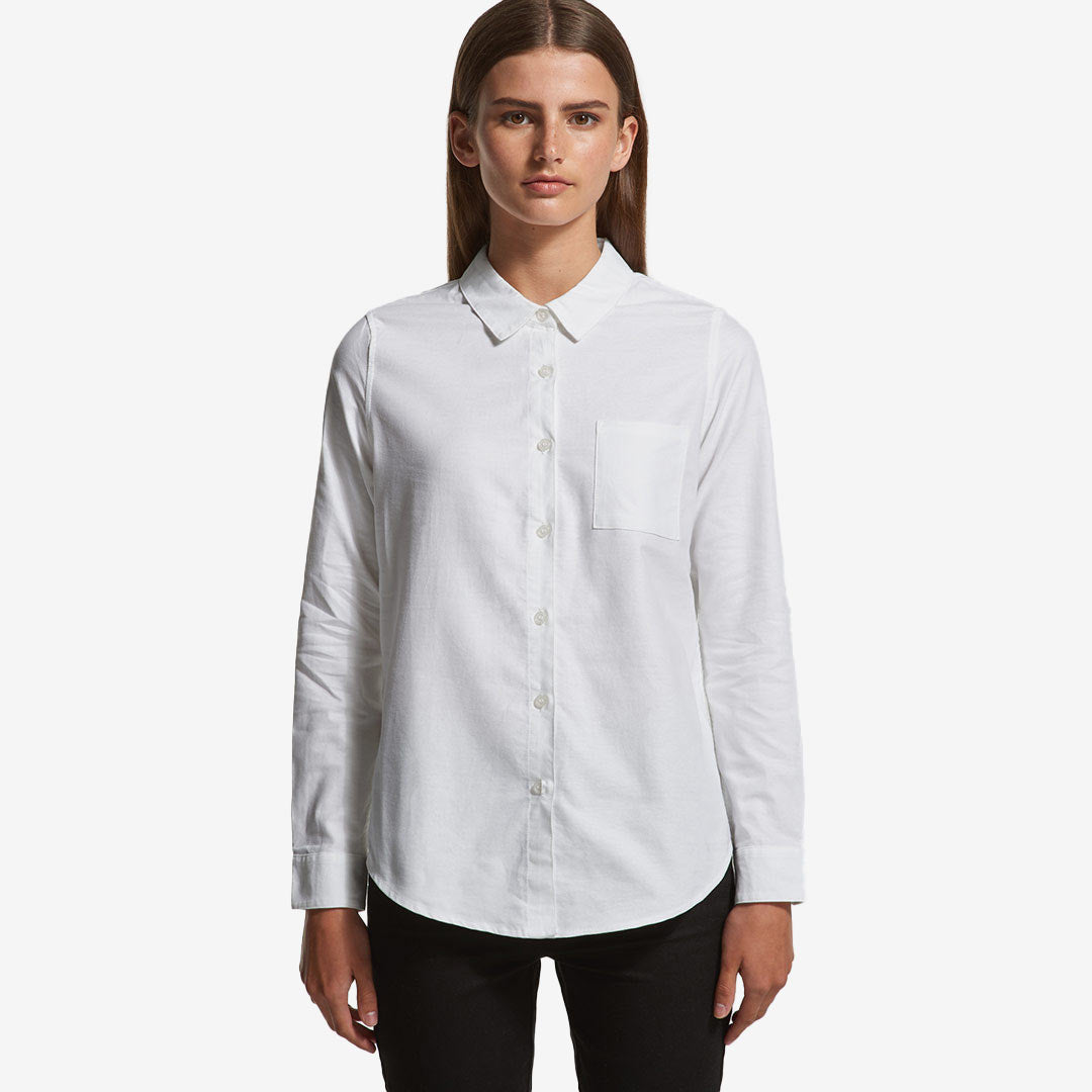Woman wearing AS Colour Women's Oxford Casual Long Sleeve Shirt in White Front - 4401