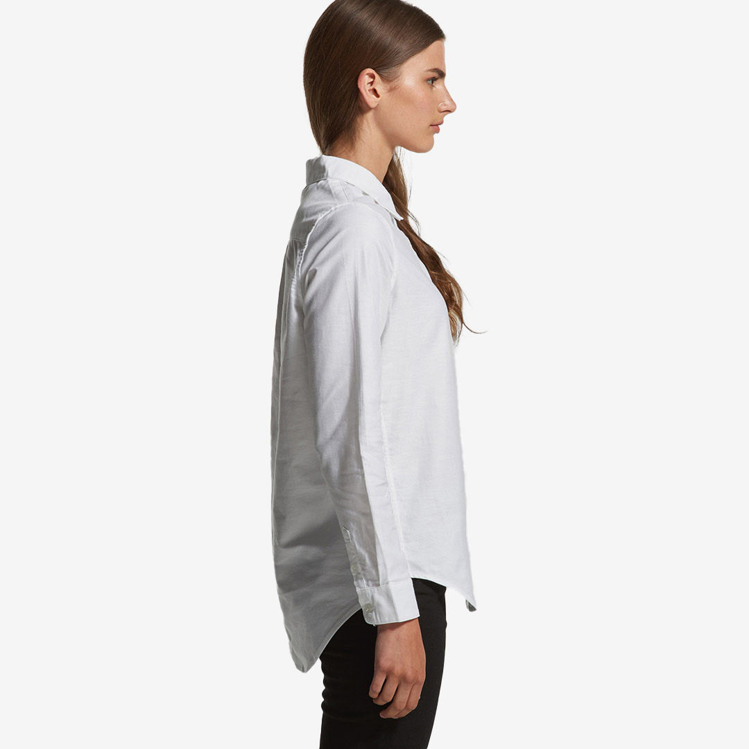 Woman wearing AS Colour Women's Oxford Casual Long Sleeve Shirt in White Righthand Side - 4401