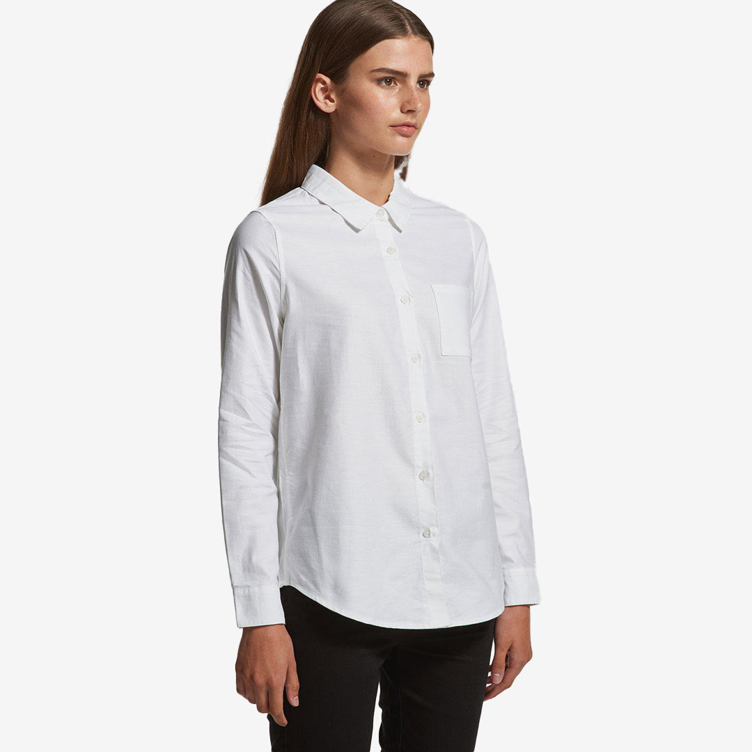 Woman wearing AS Colour Women's Oxford Casual Long Sleeve Shirt in White Right Side - 4401