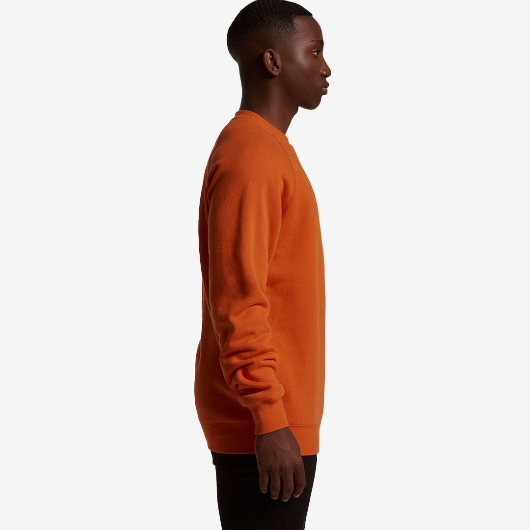 Man wearing AS Colour Men's Supply Crew Sweatshirt in Orange Righthand Side - 5100