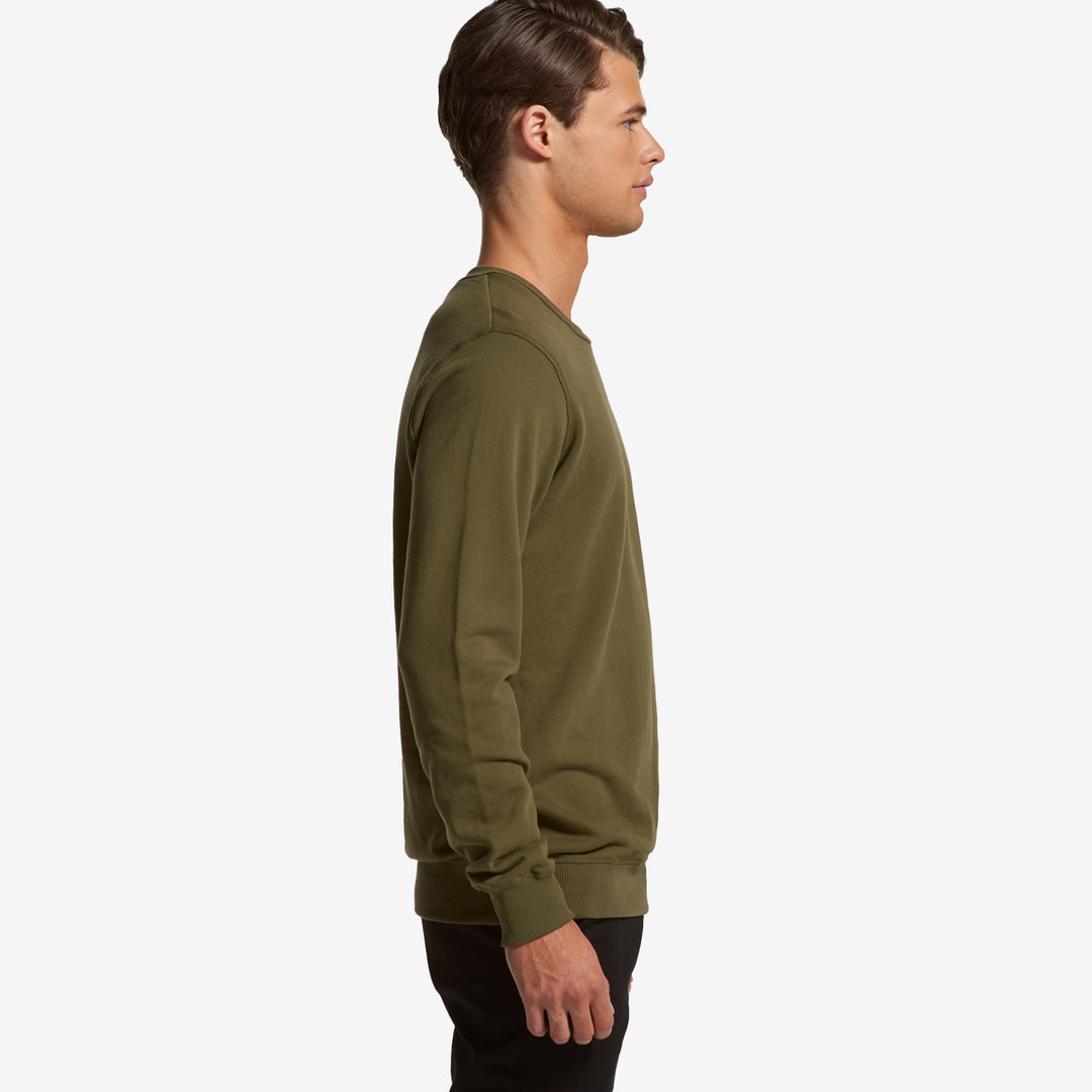 Man wearing AS Colour Men's Premium Crew Sweatshirt in Army Righthand Side - 5121