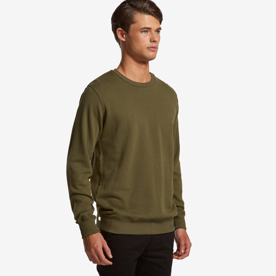 Man wearing AS Colour Men's Premium Crew Sweatshirt in Army Right Side - 5121