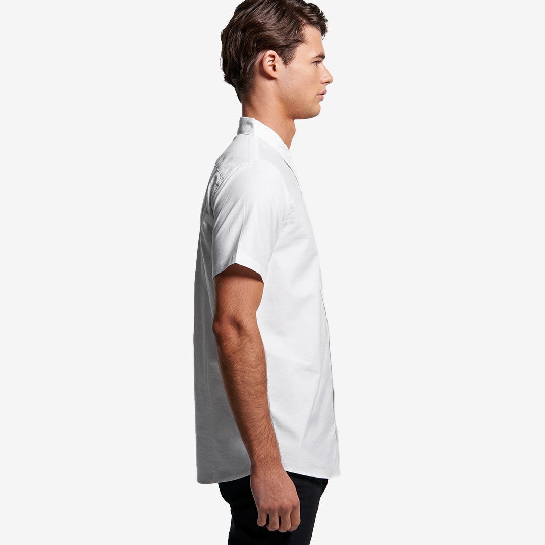 Man wearing AS Colour Men's Oxford Short Sleeve Shirt in White Right Side - 5407