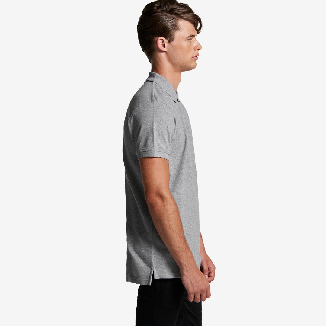 Man wearing AS Colour Men's Pique Polo Shirt in Grey Marle Righthand Side - 5411