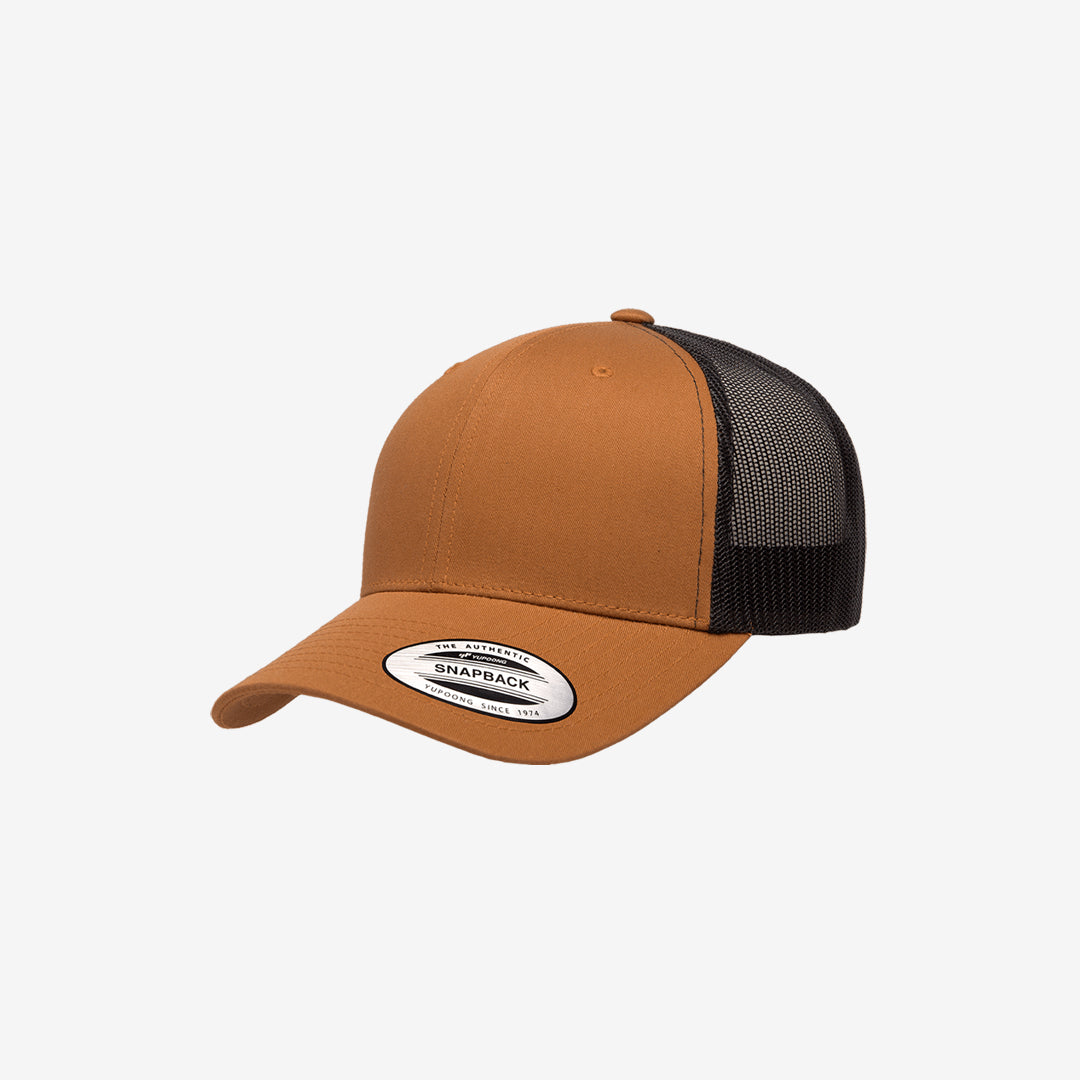 Yupoong Two-Tone Retro Wade Trucker Mesh Cap Caramel/Black Left Angle - 6606T