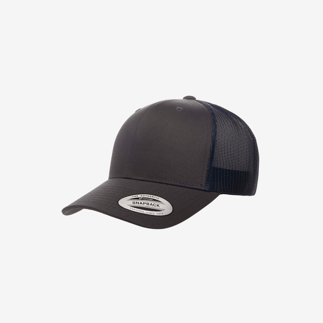 Yupoong Two-Tone Retro Wade Trucker Mesh Cap Charcoal/Navy Left Angle - 6606T
