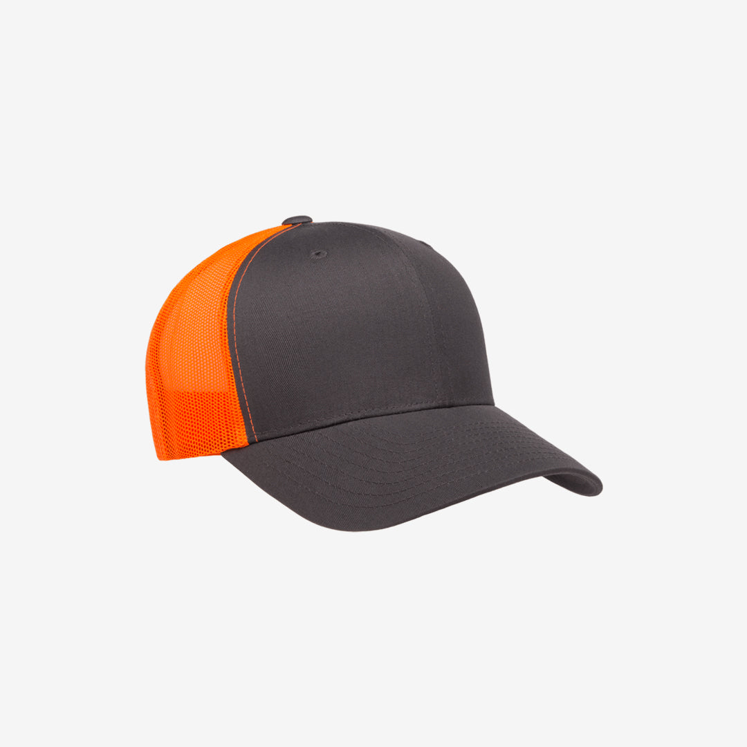 Yupoong Two-Tone Retro Wade Trucker Mesh Cap Charcoal/Neon Orange Left Angle - 6606T