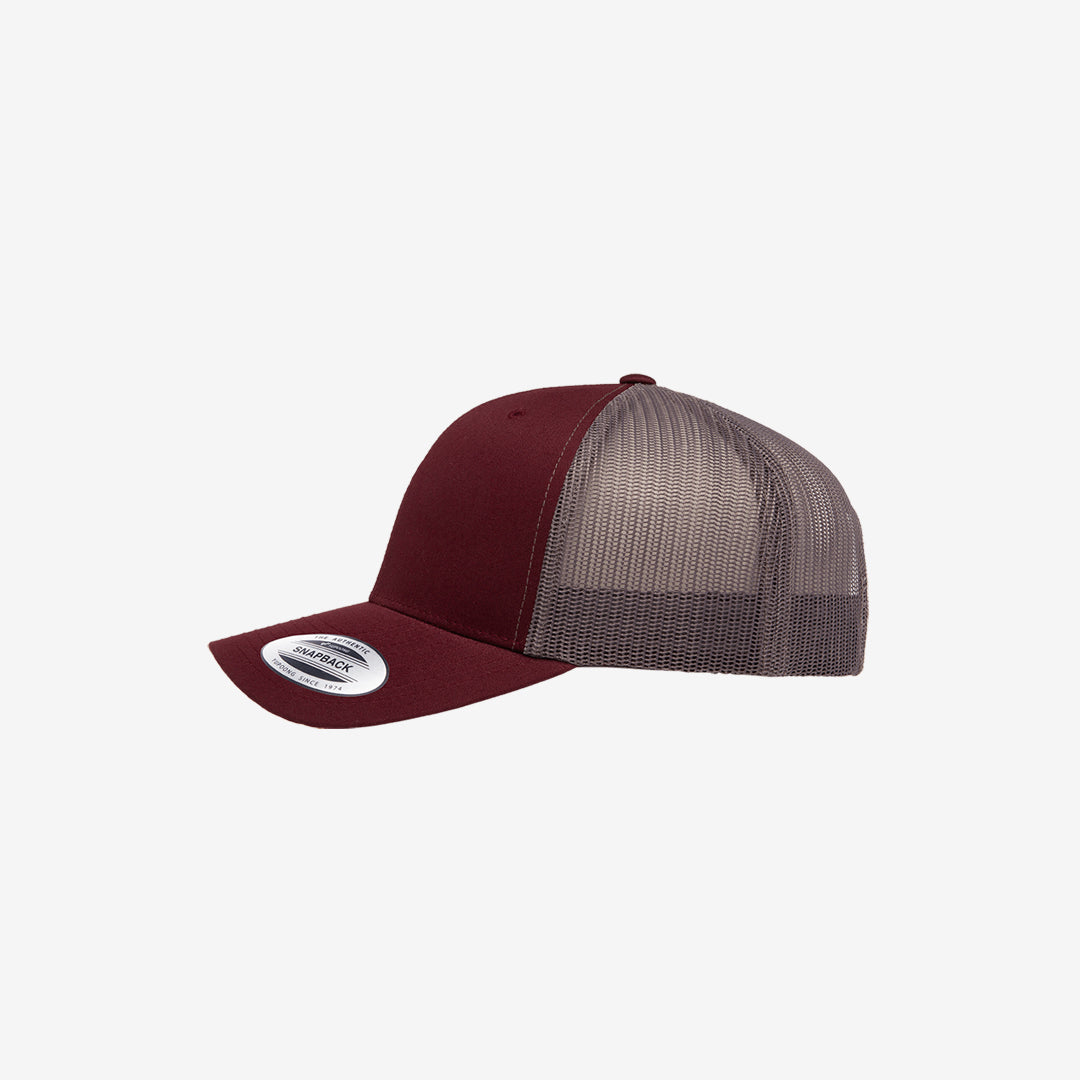 Yupoong Two-Tone Retro Wade Trucker Mesh Cap Maroon/Grey Left Angle - 6606T