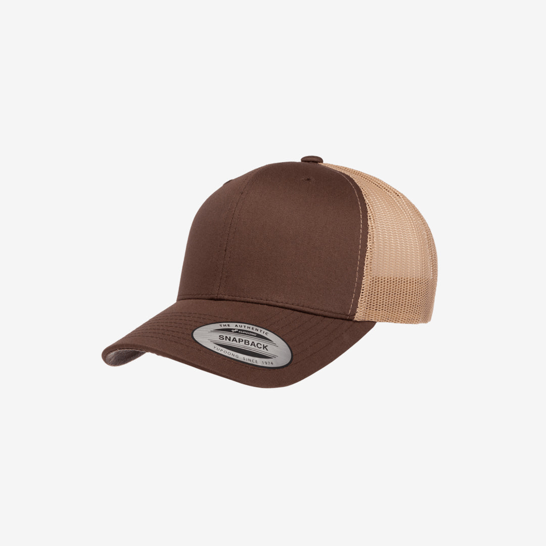 Yupoong Two-Tone Retro Wade Trucker Mesh Cap Brown/Khaki Left Angle - 6606T