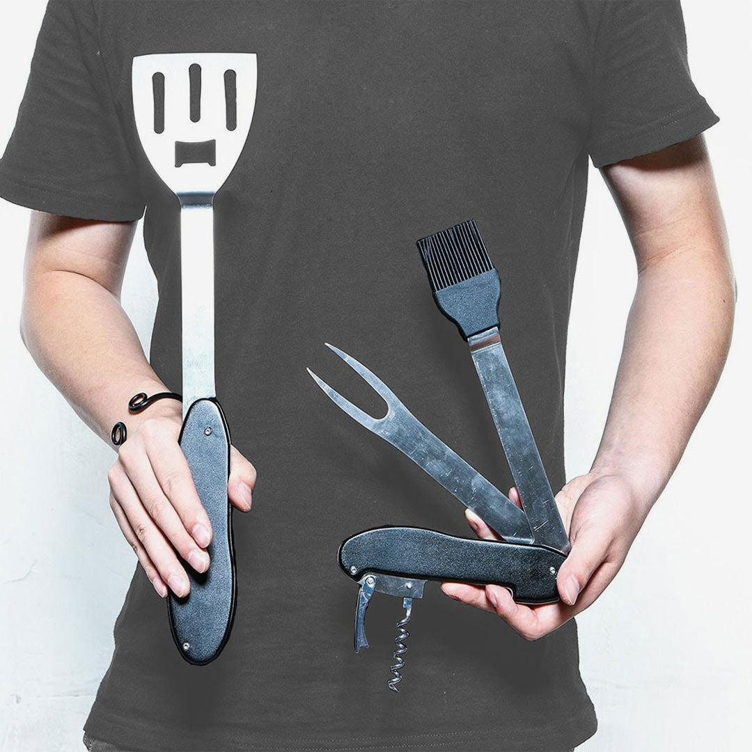 Man showing the details of Nottage BBQ Multi Tool - 793