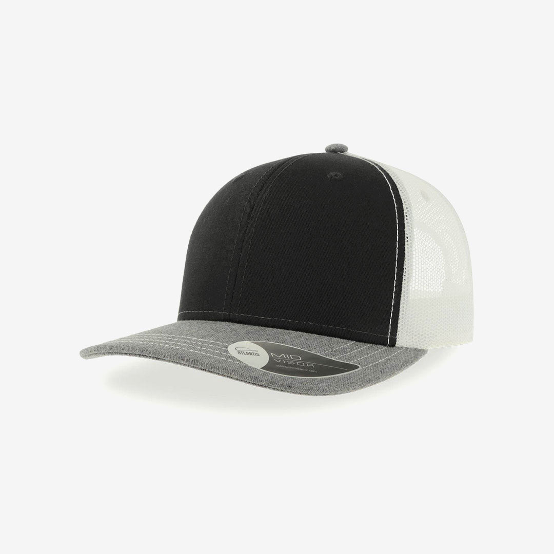 Get Fast & Easy Custom Atlantis Sonic Trucker Cap in Black/Grey Melange/White - A2400