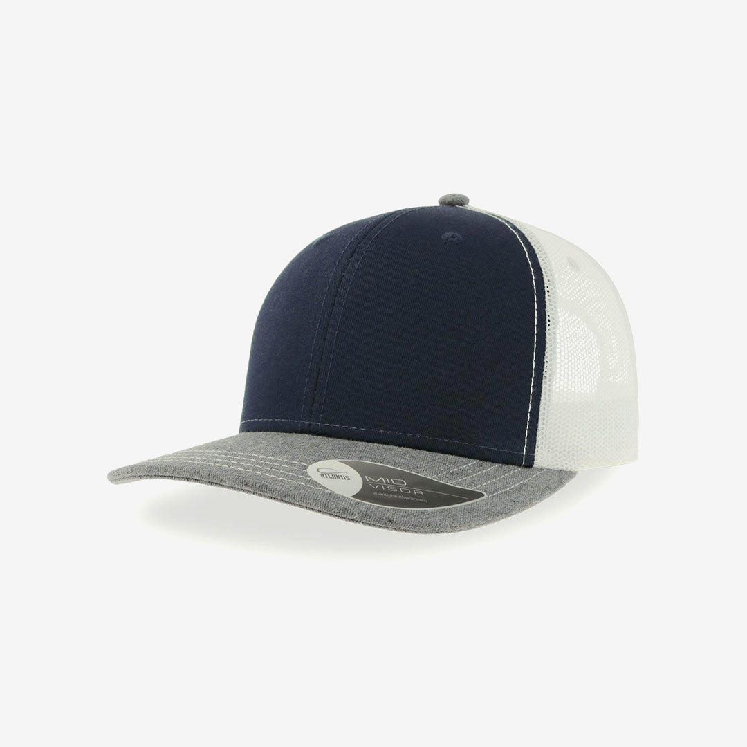 Get Fast & Easy Custom Atlantis Sonic Trucker Cap in Navy/Grey Melange/White - A2400