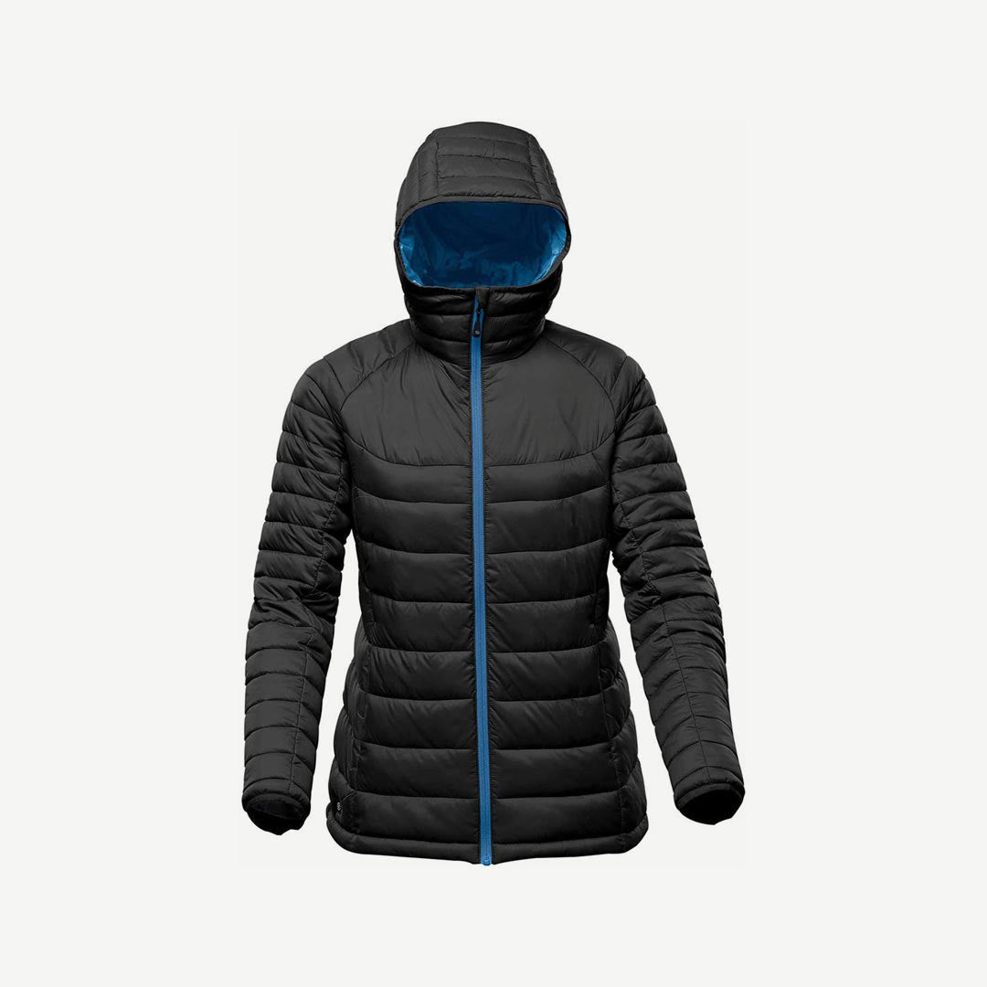 Stormtech Women's Stavanger Thermal Puffer Jacket in Black/Azure Blue Hood Detail - AFP-2W