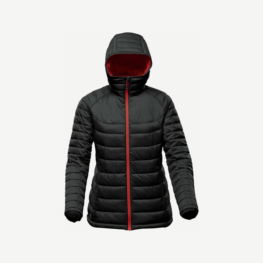 Stormtech Women's Stavanger Thermal Puffer Jacket in Black/Bright Red Hood Detail - AFP-2W