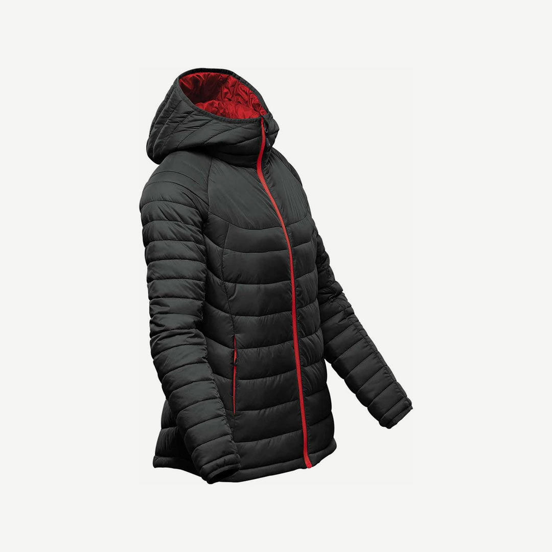 Stormtech Women's Stavanger Thermal Puffer Jacket in Black/Bright Red Side Angle Detail - AFP-2W