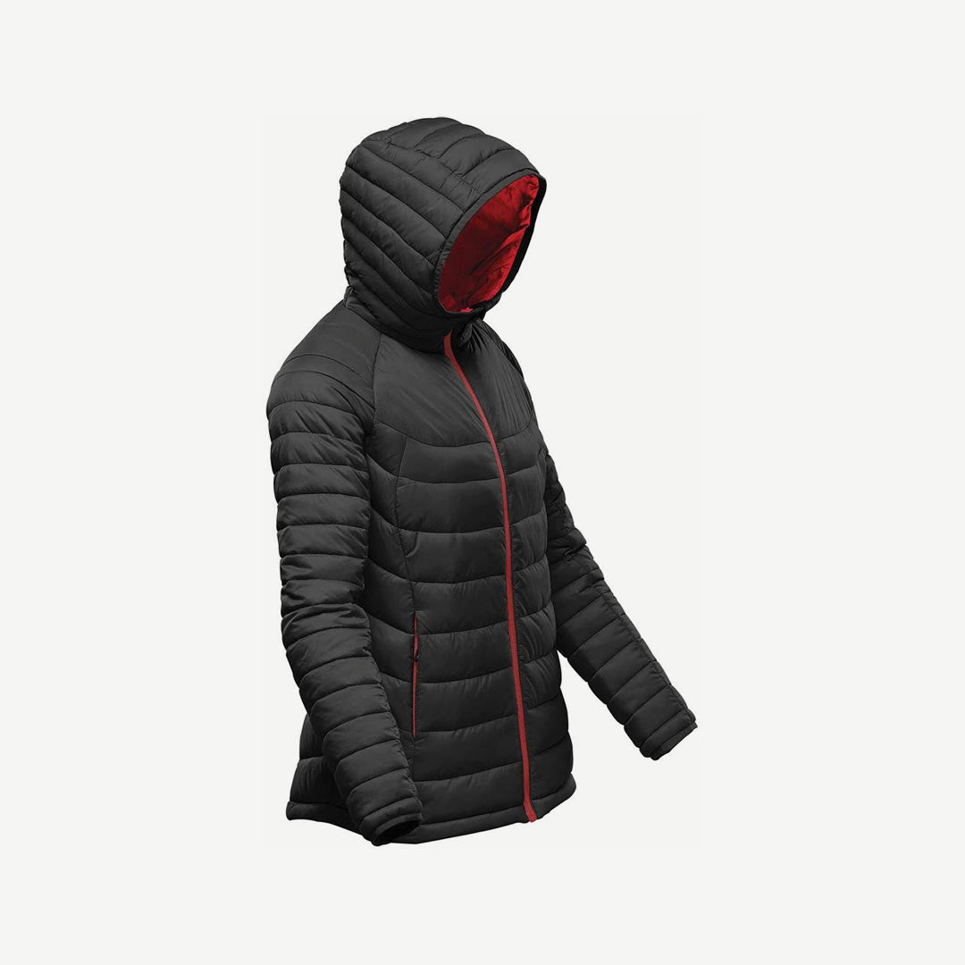 Stormtech Women's Stavanger Thermal Puffer Jacket in Black/Bright Red Angle Detail - AFP-2W