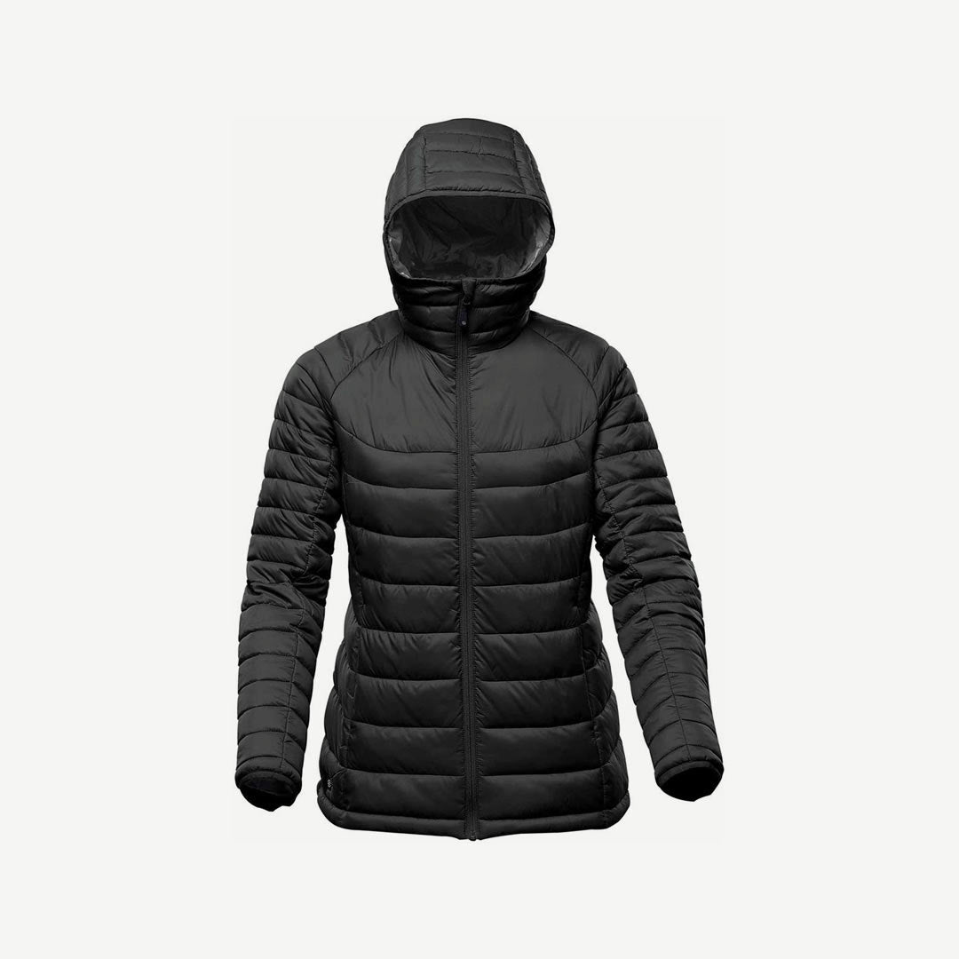 Stormtech Women's Stavanger Thermal Puffer Jacket in Black/Graphite Hood Detail - AFP-2W